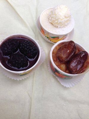 Mini tartes: coconut-white chocolate, date-caramell, blackberry-dark chocolate at Süssi Salon de Thé Francais in Vienna