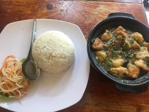braised eggplant with deep fried tofu with rice at Noodle & Roll in Hanoi
