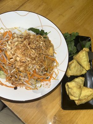 Fried tofu noodle salad and samosas  at Noodle & Roll in Hanoi