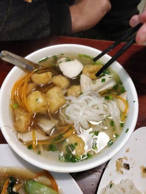 Yummy pho soup at Noodle & Roll in Hanoi