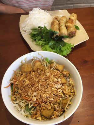 Vegetarian Vermicelli noodle with tofu, peanuts etc. (In the front) and rice noodle with vegetarian spring rolls (in the back). Each was 50,000VND at Noodle & Roll in Hanoi