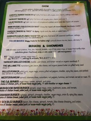 Everything in green writing is vegan. at Taproot Lounge & Cafe in Salem