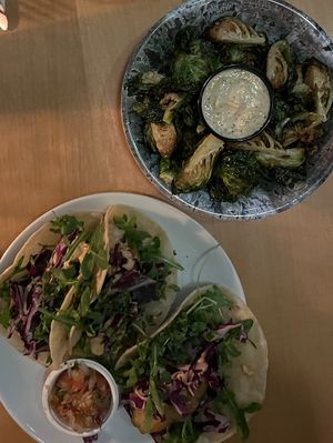 davocado chipotle ranch tacos and brussel sprouts with house mustard   at Taproot Lounge & Cafe in Salem