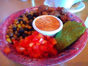 Desert Bowl with sweet potatoes, avocado, black beans, corn, bell peppers, and vegan chipotle mayo at Taproot Lounge & Cafe in Salem