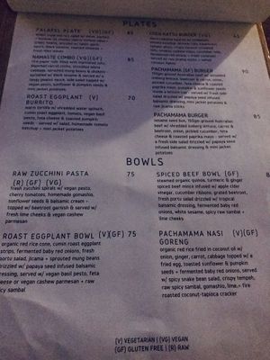 Menu at Pachamama Organic in 
