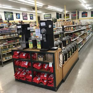 Aisles of food at John Edwards Whole Foods & Wine Cellar Art Gallery in Ellsworth