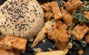 orange tofu with brown rice at Yard House in Indianapolis