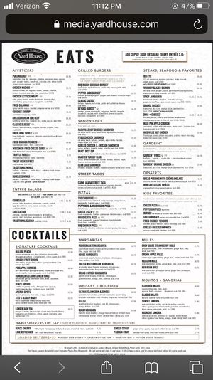 Menu at Yard House in Indianapolis