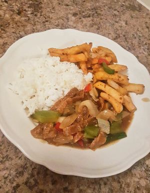 Vegan duck with satay sauce, boiled rice and salt and pepper chips 🦆 at Red Dragon Chinese Fusion in South Shields