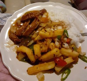 Vegan duck satay and salt and pepper chips at Red Dragon Chinese Fusion in South Shields