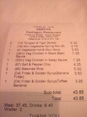 Receipt at Red Dragon Chinese Fusion in South Shields