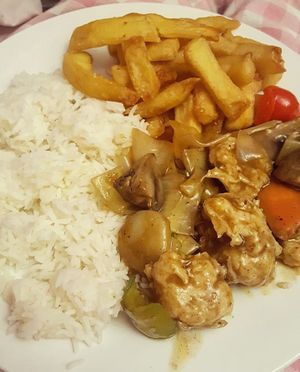 Vegan chicken satay, boiled rice and chips at Red Dragon Chinese Fusion in South Shields