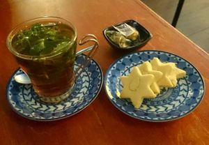 Mint tea and homemade almond shortbread cookies at Shamaim in Tokyo