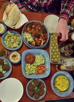 Aerial shot of our shakshuka and falafel sets lol at Shamaim in Tokyo