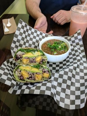 Latina Wrap with Lentil soup at Splurge Juice Bar and Cafe in Hialeah