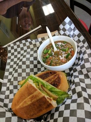 ";Chicken"; Panini with Lentil soup at Splurge Juice Bar and Cafe in Hialeah