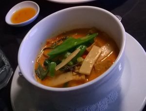 Panang tofu curry and spicy garlic tofu. at Bahn Thai in Tallahassee