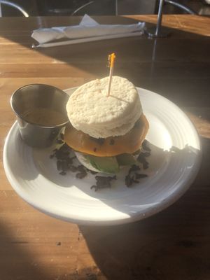 Biscuit with vegan bacon, diaya cheese avocado and tomato  at Mason Dixon Bakery & Bistro in Huntsville