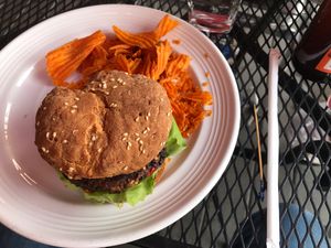 Yummy vegan burger with sweet potato chips at Mason Dixon Bakery & Bistro in Huntsville