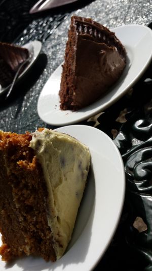 Vegan carrot cake and chocolate fudge cake at St Ann's Well Cafe in Malvern