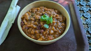 Vegan black bean chilli with rice at St Ann's Well Cafe in Malvern