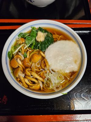 Soba with spinach, mushrooms, grated yam at Ebisu Soba in Takayama