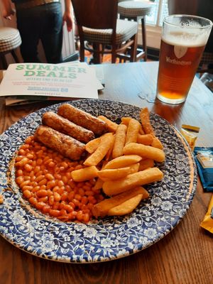 Vegan sausages, beans and chips at The Sir Michael Balcon in West London
