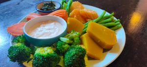 Steamed Veggie Plate with tahini 
 dip or hummus dip. Vegan. at Taboon in Koh Phangan