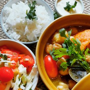 Poyke, a slow gooked root veg and chickpea dish served with salad and rice/pita. Vegan. at Taboon in Koh Phangan