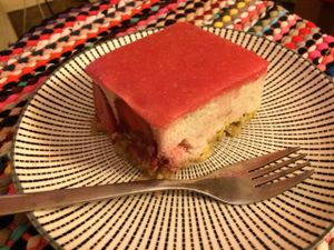 Strawberry dessert (with a marzipan top) that I took to go and had at home at Vegan Hero in Paris
