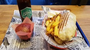 Kebab, fries with mayo, beer and raspberry muffin at Vegan Hero in Paris