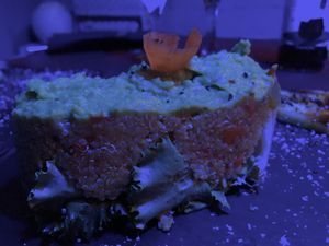 Cous cous & guacamole terrine (blue lighting inside) at El Pati de la Veina in Girona