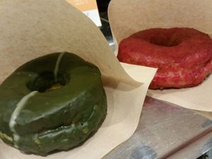 the two vegan options. Green tea and cranberry at Doughnut Plant - Lumine Est in Tokyo