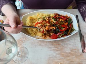 Cashew vegan stir fry, without onion - they were so happy to adjust anything you wanted them to! at 55 Degrees North in Portrush