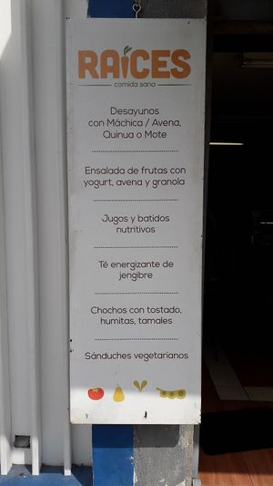 Menu signage at Raices in Quito