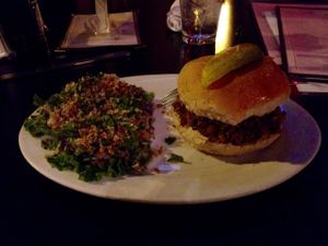 Veggie BBQ sandwich (slow-cooked shredded soy chicken). at Spotted Dog Restaurant and Bar in Carrboro
