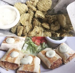 Vegan flautas, fried pickles   at Spotted Dog Restaurant and Bar in Carrboro