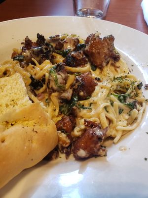 Vegan Fettuccine Alfredo with Soy Chicken. So tasty. Highly recommend. at Spotted Dog Restaurant and Bar in Carrboro