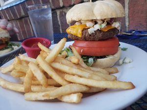 Veganized Carolina Pub Burger with Beer Battered Fries at Spotted Dog Restaurant and Bar in Carrboro