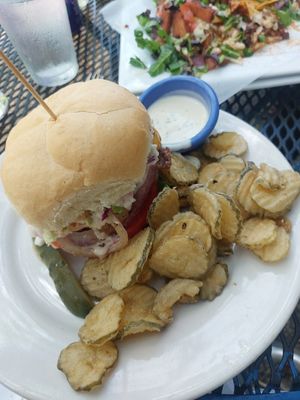 Carolina pub burger with Frickles at Spotted Dog Restaurant and Bar in Carrboro