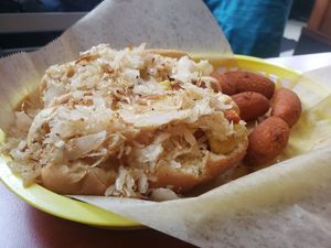 Loaded veggie dogs and hush puppies at Spotted Dog Restaurant and Bar in Carrboro