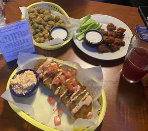 Fried okra, soy chunks & ranch, fried green tomatoes with vegan pimento cheese (holy moly they were good) and a blueberry muffin beer from a local brewery.  at Spotted Dog Restaurant and Bar in Carrboro
