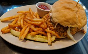 Veggie BBQ: Slow-cooked shredded NC soy chicken in house-made vinegar-based eastern barbecue sauce with vegan slaw.  Unbelievably DELICIOUS! at Spotted Dog Restaurant and Bar in Carrboro