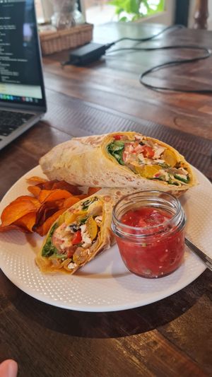Vegan wrap with salsa and sweet potato chips at Food4Thought in Chiang Mai