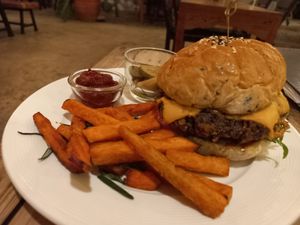 Mushroom burger with sweet potato fries at Food4Thought in Chiang Mai