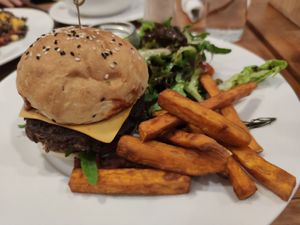 Vegan Mushroom Burger with side salad and 1/2 sweet potato fries side at Food4Thought in Chiang Mai