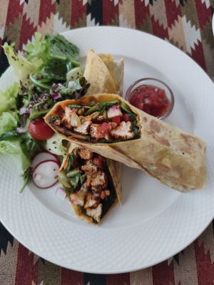 Vegan Mexican Wrap with spicy tofu and side salad at Food4Thought in Chiang Mai