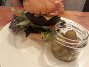 Mushroom burger with vegan cheese at Food4Thought in Chiang Mai