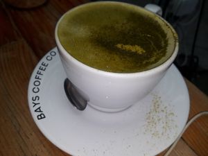 Green matcha latte (soy milk) at Food4Thought in Chiang Mai