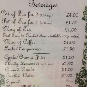 Drinks menu at Foal Farm Tea Room in Westerham